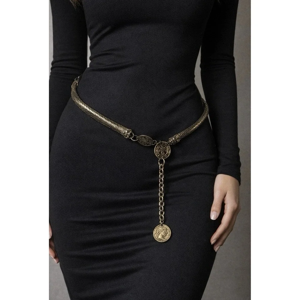 Whiting & Davis Dragonscale Snake Mesh Long Necklace Belt Vintage French Coins